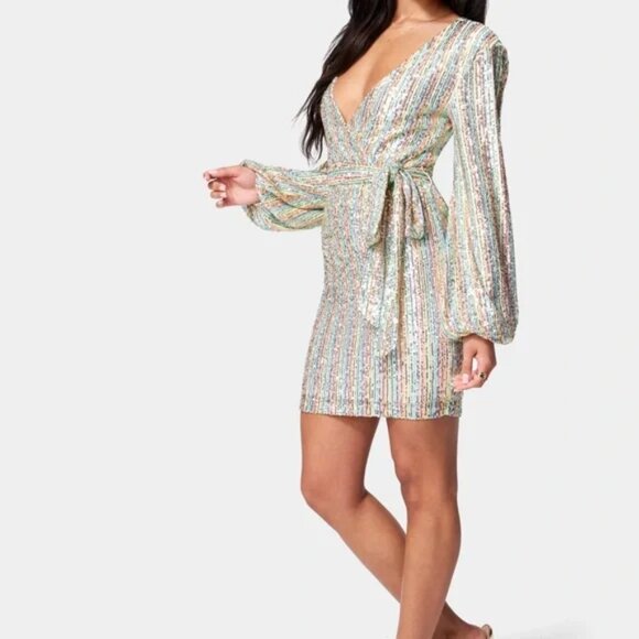 *NWT*Bebe Rainbow Sequin Tie Front Cocktail Dress - Picture 3 of 7